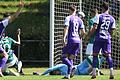 Der Anfang vom bitteren Ende für den FC 05: Der Bamberger Marc Reischmann (links verdeckt) trifft zum 1:1 und läutet damit die Wende ein. Der Schweinfurter Schlussmann Lukas Schneller liegt geschlagen am Boden. Rechts: Luca Ljevsic (29) – er trifft später zum 2:1.