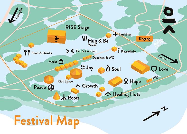 Die Karte zeigt, wie das Festivalgelände aufgebaut sein wird. Die Karte zeigt, wie das Festivalgelände aufgebaut sein wird.