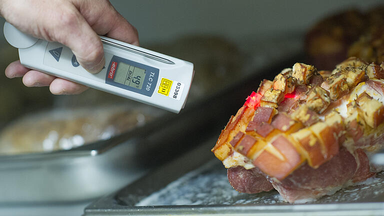 Ein Lebensmittelkontrolleur überprüft bei einer Betriebskontrolle die Temperatur einer Fleischware (Symbolfoto).