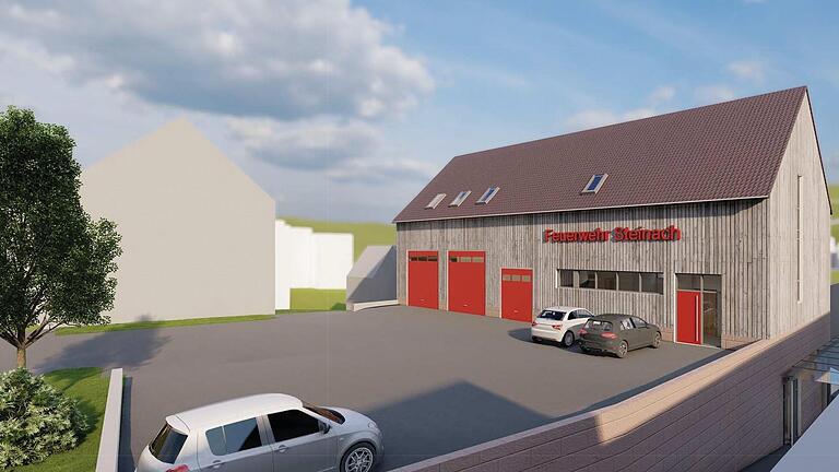 Diese Animation zeigt die Vorderseite des geplanten Feuerwehrhauses von Steinach mit Pkw-Parkplatz.  Animation: Architekturbüro Richter       -  Diese Animation zeigt die Vorderseite des geplanten Feuerwehrhauses von Steinach mit Pkw-Parkplatz.  Animation: Architekturbüro Richter