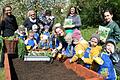 Der erste Setzling, ein Kohlrabi Pflänzchen, kommt in das Hochbeet. Im Bild Sonja Miske (von links), Hiltrun Krämer, Johanna Bulheller, Sandra Hoch, Johanna Rachinger und Nele Remus.