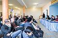 Neujahrsempfang der  Bait-ul-Aleem Moschee: Am Rednerpult (von links) Ehsan ul Haq (Präsident der Ahmadiyya Muslim Jamaat Würzburg), Kerstin Celina (Grünen-Landtagsabgeornete), Arbab Ahmad (Imam und islamischer Theologe), Christine Bötsch (CSU-Fraktionsvorsitzende) und Katharina Räth (Vorsitzende SPD Würzburg).