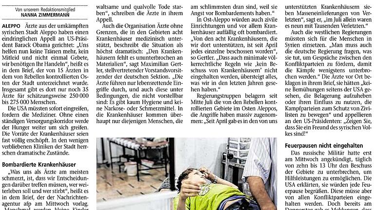 Aleppo - Bericht auf der Titelseite vom 12.8.2016       -  Schreckliche Wirklichkeit in Aleppo. Eine realistische Lösungsorientierung zu bieten, wird Journalisten sehr schwer fallen.