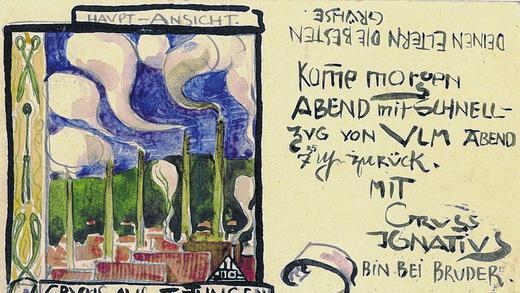 Eindeutig die Handschrift eines Künstlers: Diese selbst gemalte Karte mit dem Tuttlinger Äskulap-Werk schickte der in Bad Kissingen geborene Ignatius Taschner 1898 an seine Braut. Mit unterschrieben hat sie sein Bruder Georg.