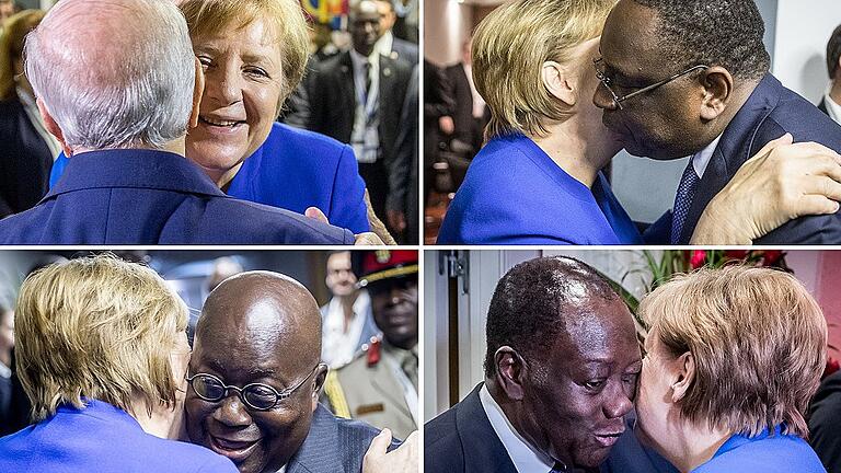 EU-Afrika-Gipfel       -  Bundeskanzlerin Angela Merkel begrüßt (von oben links im Uhrzeigersinn) Beji Caid Essebsi (Präsident von Tunesien), Macky Sall (Präsident Senegal) Alassane Ouattara (Präsident der Elfenbeinküste) und Nana Akufo-Addo (Präsident von Ghana) beim EU-Afrika-Gipfel in Abidjan (Elfenbeinküste).