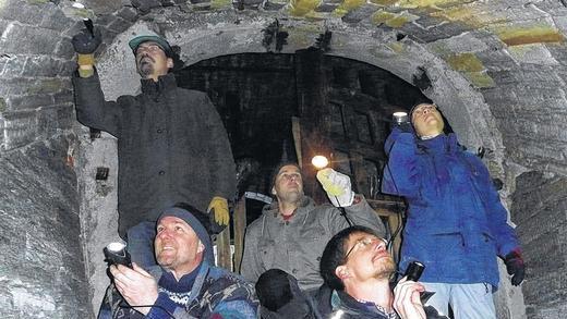Fledermäusen auf der Spur: Im Kneuerskeller in Bad Königshofen suchten Dieter Schmitt (hinten von links), Clemens Kliesch und Claudia Beyer sowie Georg Warnke (vorne links) und Matthias Hammer am Mittwoch mit Taschenlampen in Mauerritzen nach überwinternden Fledermäusen. Aufgrund des milden Winters wurden sie landkreisweit seltener fündig als noch im Vorjahr.