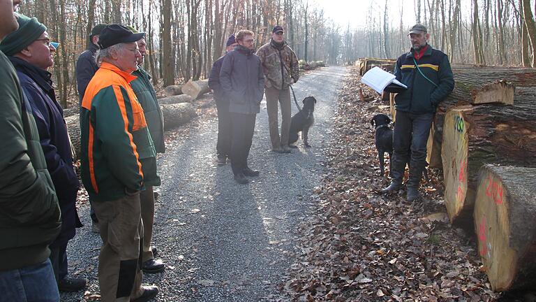 Revierleiter Peter Kugler (rechts) berichtete im Bergwald in Wittighausen über die Ergebnisse der Wertholzsubmission.