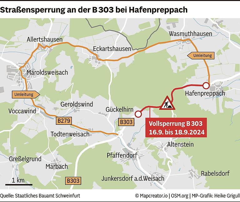Achtung Autofahrer: Bauarbeiten an der B 303 – ab Montag weiträumige Umleitung bei Hafenpreppach Achtung Autofahrer: Bauarbeiten an der B 303 – ab Montag weiträumige Umleitung bei Hafenpreppach