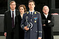 Eurofighter-Pilot Lars Koch (Florian David Fitz, vorne), sen Verteidiger (Lars Eidinger, l), die Staatsanwältin (Martina Gedeck) und der Richter (Burghart Klaußner, r) in &bdquo;Terror - Ihr Urteil&rdquo;.