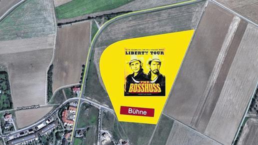 Das Festivalgelände: Ein künftiges Stück des Baugebiets „Sichersdorfer Berg“ in Arnstein wird zum Schauplatz des Auftritts von „The Boss Hoss“.montage: Veranstalter Das Festivalgelände: Ein künftiges Stück des Baugebiets „Sichersdorfer Berg“ in Arnstein wird zum Schauplatz des Auftritts von „The Boss Hoss“.montage: Veranstalter