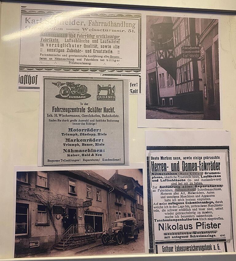 Die kleine Ausstellung zeigt als Leihgabe des Stadtmuseums auch Werbe-Annoncen einstiger Gerolzhöfer Fahrradhändler. Die kleine Ausstellung zeigt als Leihgabe des Stadtmuseums auch Werbe-Annoncen einstiger Gerolzhöfer Fahrradhändler.