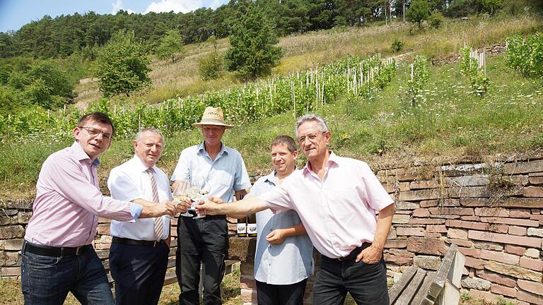 Bürgermeister Armin Warmuth, Landrat Thomas Bold, Josef Engelhart von der LWG, Winzer Marcel Hümmler und Roland Lenhart von der Naturschutzbehörde am Landratsamt stoßen am Fuße des Museumsweinbergs an. Foto: Arkadius Guzy - Bürgermeister Armin Warmuth, Landrat Thomas Bold, Josef Engelhart von der LWG, Winzer Marcel Hümmler und Roland Lenhart von der Naturschutzbehörde am Landratsamt stoßen am Fuße des Museumsweinbergs an. Foto: Arkadius Guzy Bürgermeister Armin Warmuth, Landrat Thomas Bold, Josef Engelhart von der LWG, Winzer Marcel Hümmler und Roland Lenhart von der Naturschutzbehörde am Landratsamt stoßen am Fuße des Museumsweinbergs an. Foto: Arkadius Guzy - Bürgermeister Armin Warmuth, Landrat Thomas Bold, Josef Engelhart von der LWG, Winzer Marcel Hümmler und Roland Lenhart von der Naturschutzbehörde am Landratsamt stoßen am Fuße des Museumsweinbergs an. Foto: Arkadius Guzy