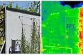 Thermografieaufnahme (rechts) am Südhaus der Klimaforschungsstation, ZAE Bayern in Würzburg.