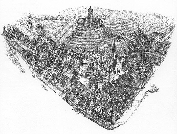Gemünden und die Scherenburg in einer künstlerischen Rekonstruktion der 2008 verstorbenen Künstlerin Olga Knoblach-Wolff. Gemünden und die Scherenburg in einer künstlerischen Rekonstruktion der 2008 verstorbenen Künstlerin Olga Knoblach-Wolff.