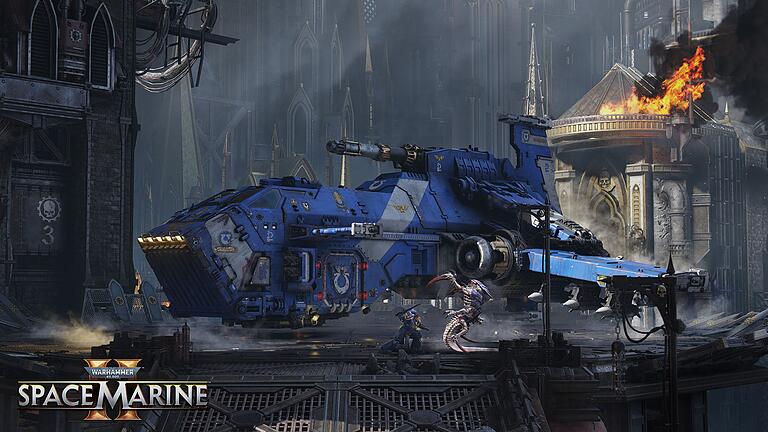 Screenshot aus &bdquo;Warhammer 40.000: Space Marine 2&rdquo;       -  Thunderhawk Gunship: Dieser fliegende Truppentransporter und Bomber wird häufig von den Space Marines genutzt.