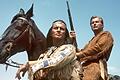 Pierre Brice (l) als Apachen-Häuptling Winnetou und Lex Barker als sein Blutsbruder Old Shatterhand in einer Szene des Karl-May-Films &quot;Im Tal des Todes&quot; (undatierte Aufnahme).