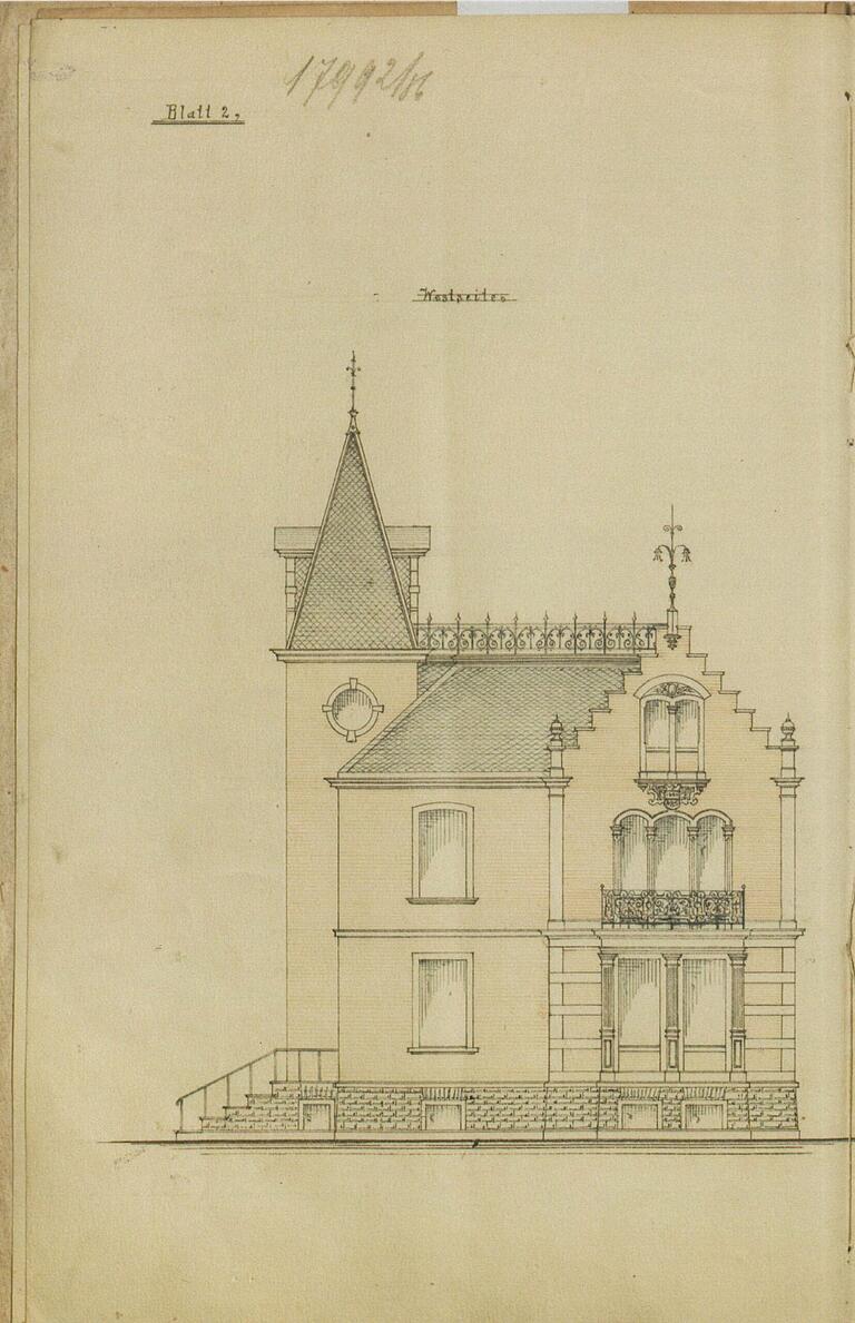 Planzeichnung von der Villa Shaw an der Rottendorfer Straße (vor der Barockvilla) von 1887, in der Albrecht Mendelssohn-Bartholdy von 1905-1920 lebte.