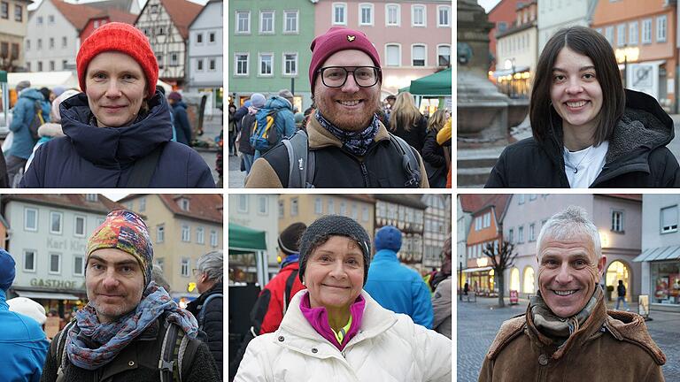 Zum globalen Klimastreik versammelten sich rund 150 Menschen am Marktplatz in Bad Neustadt. Im Bild (von links oben nach rechts unten): Anne Muck. David Kreß, Maja Büttner, Johannes Urban, Ingrid Eichhorn-Wecklein und Georg Vogel.&nbsp;