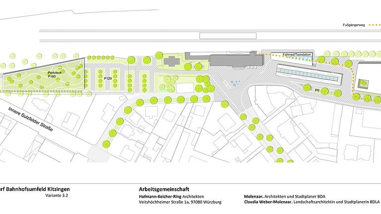 So könnte das Bahnhofsumfeld in Kitzingen zukünftig aussehen. Links: entweder Kleingärten oder ein Parkdeck mit Garten obendrauf. Rechts: der neue Busbahnhof für acht Busse samt Fahrrad- und Taxistation.