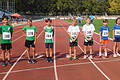 Unterfrankens schnellste 800 m-Läufer der Altersklasse U12 am Start mit von links Matteo Warmuth, Moritz Moser (beide FC 05), Florian Reiher (DJK), Maximilian Schuster (FC 05), Simon Baunach, Justus Voll (beide DJK), zwei Läufer der TG 48 Würzburg und Lars Müller (DJK).