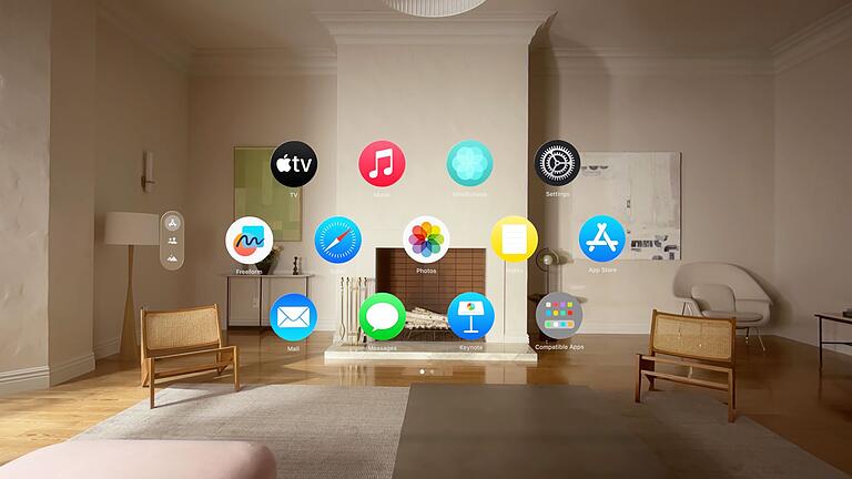 Die App-Symbole in der Vision Pro       -  So sieht es aus, wenn die App-Symbole im Raum schweben. Man sucht die Apps mit dem Blick aus und bringt dann Daumen und Zeigefinger zusammen, um sie zu starten.