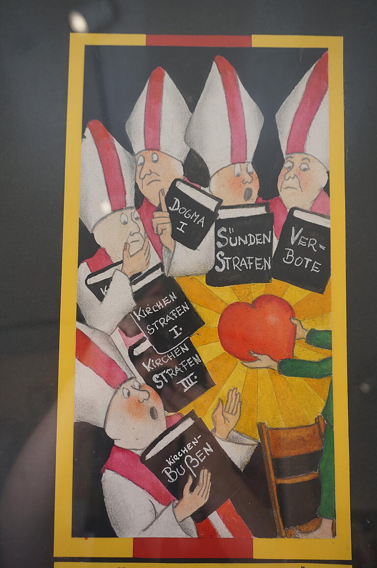 Provokant: Der 12-jährige Jesus im Tempel, der die Liebe in Form eines Herzens predigt und um ihn herum Bischöfe, die sich an Verbote, Sünden- und Kirchenstrafen und mit erhobenem Zeigefinger ans Dogma klammern.