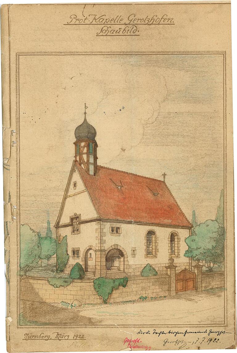 Die Architektenzeichnung der evangelischen Erlöserkirche in Gerolzhofen zeigt einen Entwurf einer noch aufwändiger gestalteten Kirche als sie letztlich gebaut wurde.