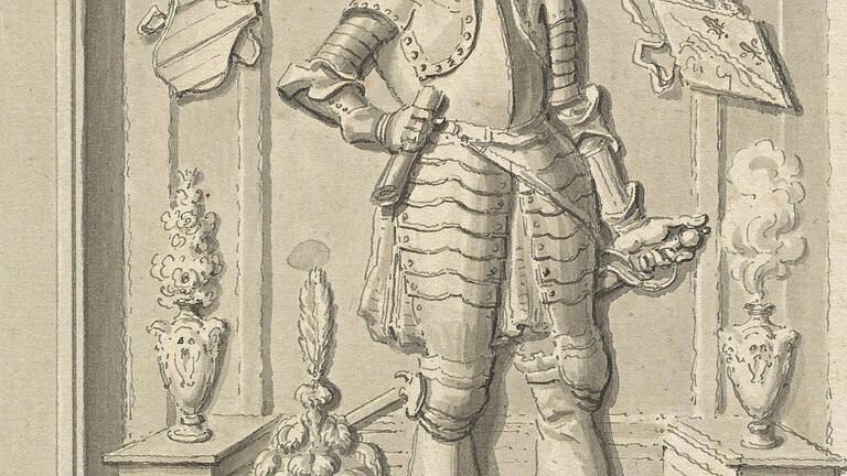 Grabplatte des Ritters Georg (I) von Espelbach nach einer Zeichnung von Willem van der Lely (Quelle: Königliche Bibliothek Den Haag). Grabplatte des Ritters Georg (I) von Espelbach nach einer Zeichnung von Willem van der Lely (Quelle: Königliche Bibliothek Den Haag). 