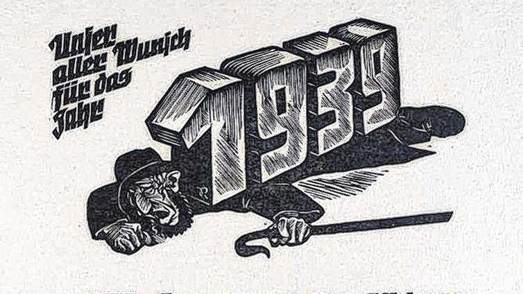 Judenfeindlich: „Unser aller Wunsch für das Jahr 1939“ – ein Jude, der unter seiner Last zusammenbricht. Angefertigt von Rother, beauftragt vom Kitzinger Kreisleiter Willy Heer. Judenfeindlich: „Unser aller Wunsch für das Jahr 1939“ – ein Jude, der unter seiner Last zusammenbricht. Angefertigt von Rother, beauftragt vom Kitzinger Kreisleiter Willy Heer.