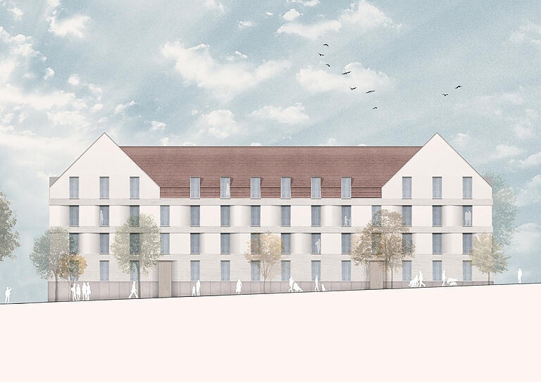 Mehr Wohnraum auf vier Geschossen, darunter eine Tiefgarage: Der Vorentwurf des Würzburger Architekturbüros Brückner &amp; Brückner für die geplanten neuen Wohnhäuser der Würzburger Wohnungsgenossenschaft im oberen Frauenland.