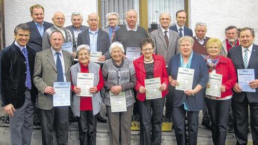 Die Geehrten mit den Ehrengästen (vorne, von links): CSU-Kreisvorsitzender Steffen Vogel, Ortsvorsitzender Günther Fleischmann, Amalie Fischer, Gerda Vogt, Elisabeth Wirth, Elisabeth Hofmann, Brigitte Göb und Günther Wirth sowie (hinten, von links): Thomas Servatius, Alfred Burger, Willi Pfaab, Edgar Hofmann, Erich Wörthmann, Oswald Schwab, CSU-Kreistagsfraktionsvorsitzender Wilhelm Schneider, Stadtrat Georg Hiernickel, Josef Knorz und Werner Eller.