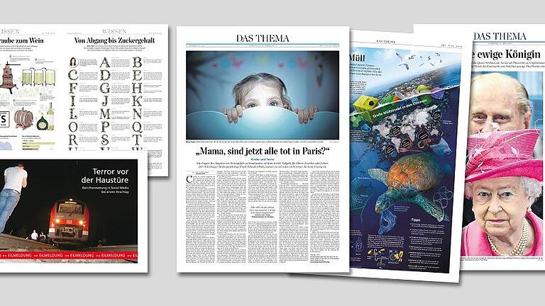 Musterseiten_WE.indd       -  Preiswürdig: Zwei Seiten über Wein, die Online-Berichterstattung über den Anschlag in Würzburg, eine Seite zur Frage, wie man mit Kindern über den Terror spricht, eine Infografik über Plastikmüll in den Weltmeeren und eine Seite über den Geburtstag der Queen