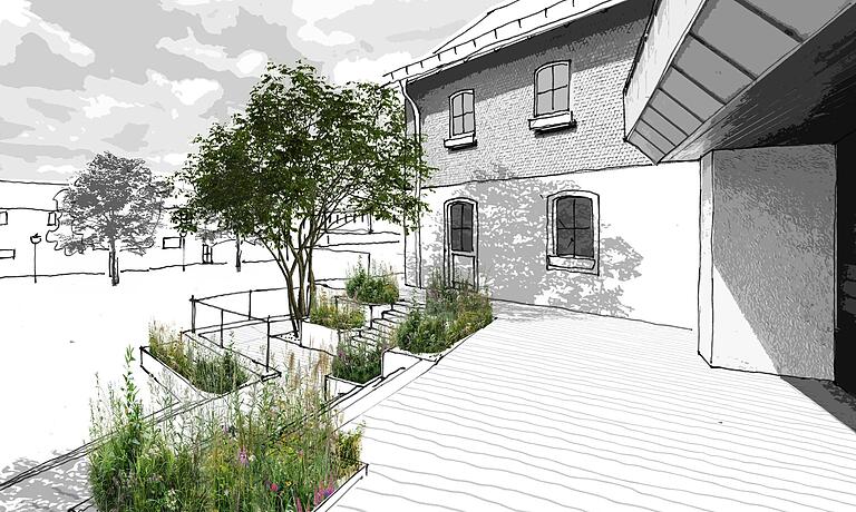 Zukunftsplanungen: So soll der Bereich Eingangsbereich zur Elstalhalle und zur Terrasse der Rhöner Trachtenstuben künftig einmal aussehen. Die Terrasse wird barrierefrei erschlossen. Der Bereich vor der Elstalhalle soll wesentlich mehr Aufenthaltsqualität bieten. Zukunftsplanungen: So soll der Bereich Eingangsbereich zur Elstalhalle und zur Terrasse der Rhöner Trachtenstuben künftig einmal aussehen. Die Terrasse wird barrierefrei erschlossen. Der Bereich vor der Elstalhalle soll wesentlich mehr Aufenthaltsqualität bieten.