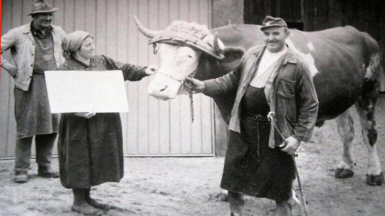 Rosamunde und Ludwig Feser mit einem Schild "Der letzte seines Standes". 1955 hatte das Landwirtspaar den einzigen Ochsen, den es noch im Dorf gab. Rosamunde und Ludwig Feser mit einem Schild "Der letzte seines Standes". 1955 hatte das Landwirtspaar den einzigen Ochsen, den es noch im Dorf gab.