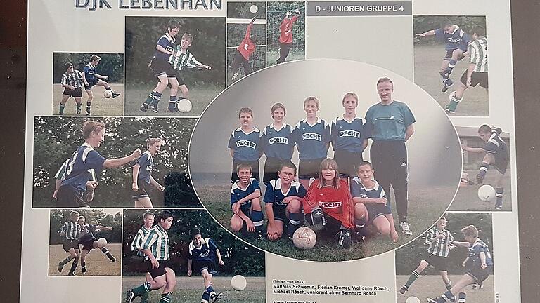 Die Collage zeigt Bilder vom bis heute allerletzten Verbandsspiel einer Fußballmannschaft der DJK Lebenhan. Es war im Jahr 2003 das D-Jugend-Team, das den SV Herschfeld am 6. Juni mit 4:0 besiegte. Jede/r Spieler/in erhielt damals die Collage als Erinnerungsgeschenk.