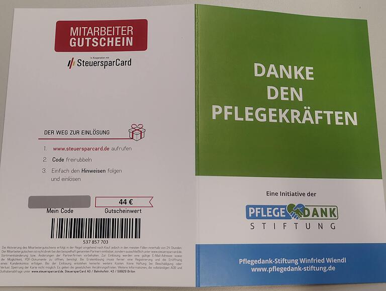 'Danke den Pflegekräften' lautet das Motto der Gutscheine, die die Pflegedank-Stiftung an Pflegepersonal ausgibt 'Danke den Pflegekräften' lautet das Motto der Gutscheine, die die Pflegedank-Stiftung an Pflegepersonal ausgibt