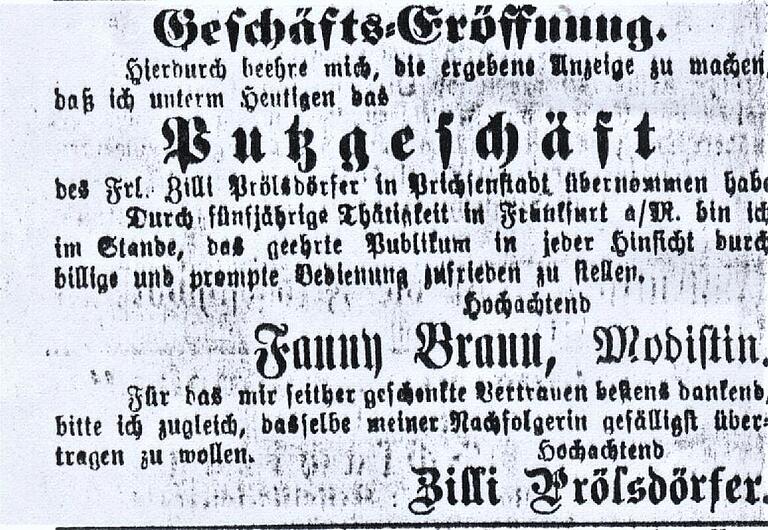 Die Gerolzhöfer Jüdin Fanny Braun eröffnete ein Putzmachergewerbe in Gerolzhofen, das sie im März 1885 angemeldet hat. Das Bild zeigt eine Anzeige von ihr zur Geschäftseröffnung im 'Bote vom Steigerwald' aus dem Jahr 1884.