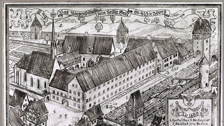 Das Bürgerspital an der Wende zum 17. Jahrhundert. Rekonstruktionszeichnung aus dem Jahr 1937.Stiftung Bürgerspital zum Hl. Geist Das Bürgerspital an der Wende zum 17. Jahrhundert. Rekonstruktionszeichnung aus dem Jahr 1937.Stiftung Bürgerspital zum Hl. Geist