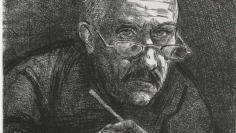 Volker Stelzmann: Selbstbildnis mit Brille und Radiernadel
