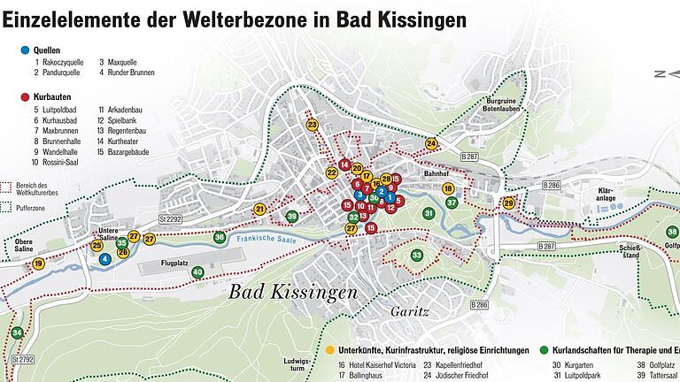 Die wesentlichen Elemente der Welterbezone in Bad Kissingen. Grafik Dagmar Klumb - Die wesentlichen Elemente der Welterbezone in Bad Kissingen. Grafik Dagmar Klumb Die wesentlichen Elemente der Welterbezone in Bad Kissingen. Grafik Dagmar Klumb - Die wesentlichen Elemente der Welterbezone in Bad Kissingen. Grafik Dagmar Klumb