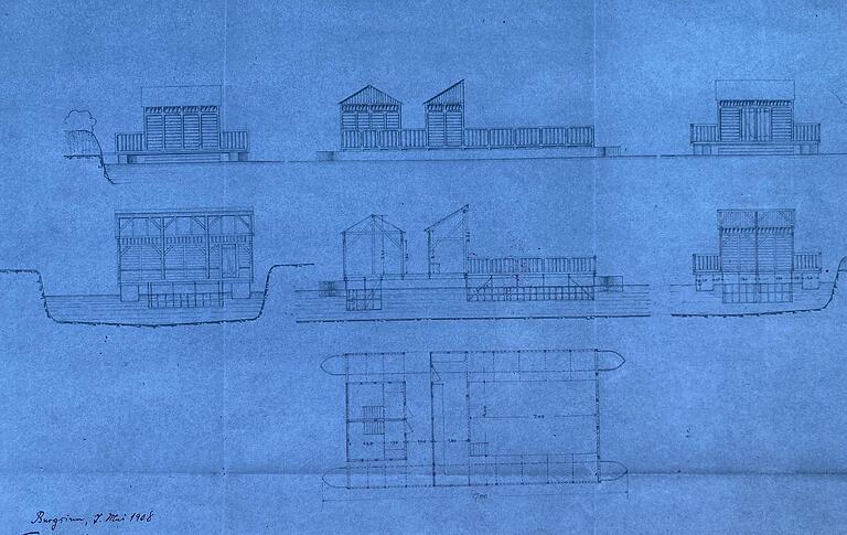 Das erste Burgsinner Schwimmbad von 1908 war ein auf Pontons schwimmendes Konstrukt mit Schwimmkäfigen.