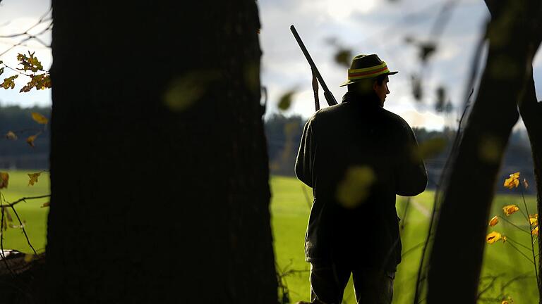 Ein Jäger steht während einer Treibjagd mit seinem Gewehr schussbereit am Waldrand.