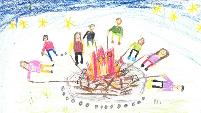 Dieser Traum wird heuer wegen Corona eher nicht wahr: 'Mein schönstes Ferienerlebnis', gemalt von Anna aus Büchold zeigt ein Zeltlager am Erlasee mit Nachtwanderung und Marshmellow-Grillen am Lagerfeuer.