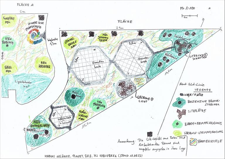 Arbeitsskizze des Bienengartens der 10 Jahreszeiten, der sich im Ortsteil Hexenbruch der Marktgemeinde Höchberg hinter dem tegut befindet.