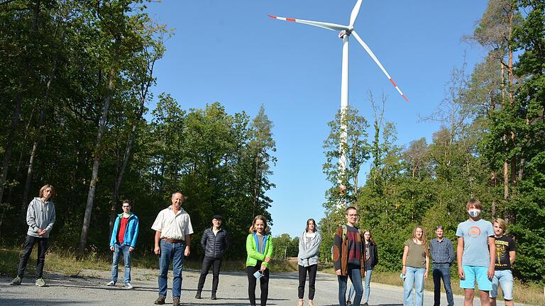 Die Fridays for Future-Aktivisten um Pauline Beck (6. von rechts) und Tobias Tefke (2. von links) ließen sich von den Windpark-Geschäftsführern Norbert Schmäling (3. von links) und Gunter Häckner (4. von links) die Windräder im Münnerstädter Stadtwald zeigen.