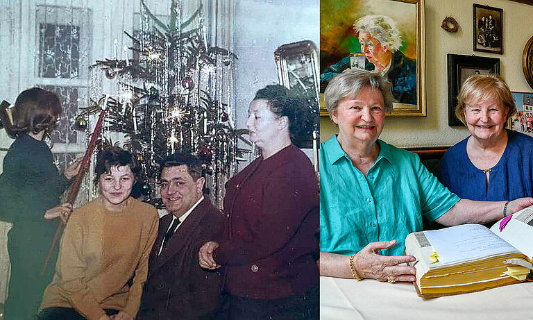 Weihnachten in der Semmelstraße: Margarete Schwarzmann (historisches Bild; Zweite von links) mit ihren Eltern Karl und Wilhelmine Schwarzmann und ihrer Schwester Anneliese. - Margarete Schwarzmann (rechts) mit Schwester Anneliese 2019 im Hotel 'Stadt Mainz'.