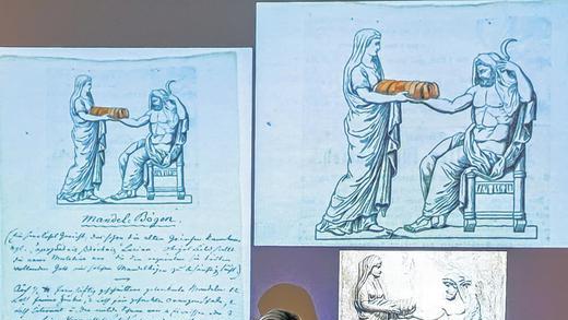 Mandel-Bögen für den Gott Kronos: Carl Spitzweg hat ein antikes Relief für seine Rezeptsammlung umgedeutet. Kuratorin Karin Rhein erläutert die Herkunft der Darstellung. Mandel-Bögen für den Gott Kronos: Carl Spitzweg hat ein antikes Relief für seine Rezeptsammlung umgedeutet. Kuratorin Karin Rhein erläutert die Herkunft der Darstellung.