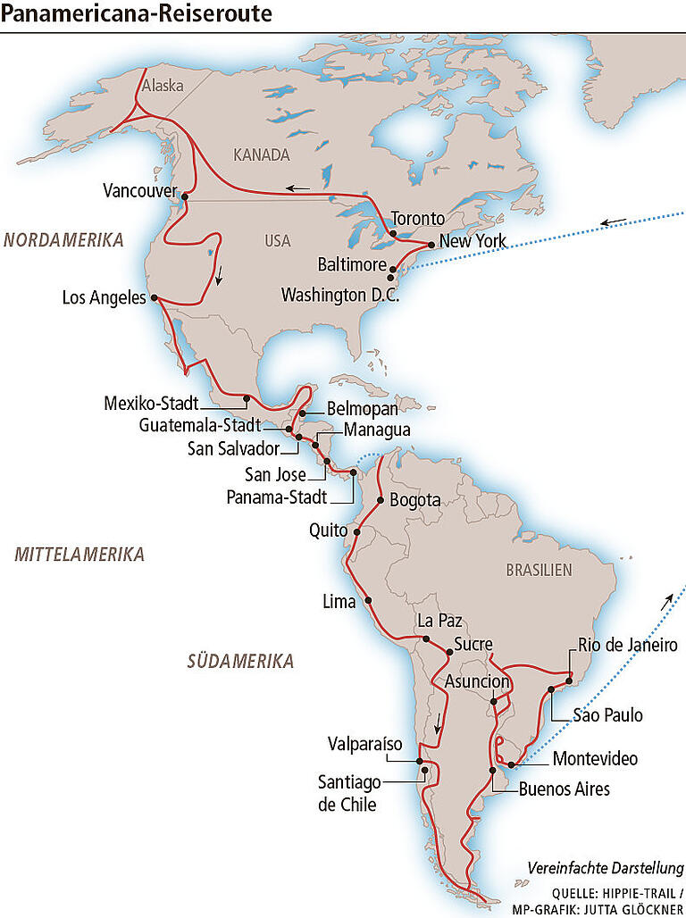 Entlang der Panamericana sind die Schmitts von Alaska bis Feuerland gefahren. Danach haben sie weitere Länder Südamerikas bereist. Grafik: Jutta Glöckner Entlang der Panamericana sind die Schmitts von Alaska bis Feuerland gefahren. Danach haben sie weitere Länder Südamerikas bereist. Grafik: Jutta Glöckner
