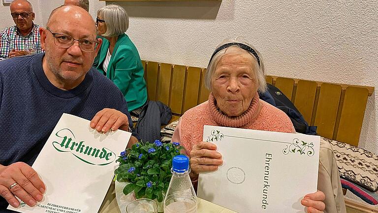 Ehrenurkunden für treue Mitgliedschaft vom Verband für Gartenbau und Landespflege Unterfranken. Links Erich Biedermann mit der Ehrenurkunde in Silber des Bezirksverbands Unterfranken für 25 Jahre Mitgliedschaft, rechts Marga Weisenberger mit der Ehrenurkunde des Bayerischen Landesverbands für 50 Jahre Mitgliedschaft. Ehrenurkunden für treue Mitgliedschaft vom Verband für Gartenbau und Landespflege Unterfranken. Links Erich Biedermann mit der Ehrenurkunde in Silber des Bezirksverbands Unterfranken für 25 Jahre Mitgliedschaft, rechts Marga Weisenberger mit der Ehrenurkunde des Bayerischen Landesverbands für 50 Jahre Mitgliedschaft.