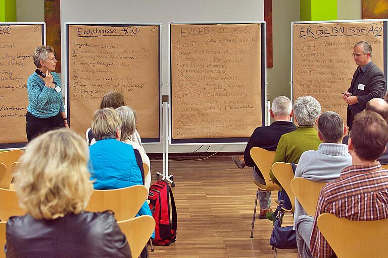 Moderatorin Ursula Heller und WSB-Prokurist Bernd Karl präsentieren die Ergebnisse des zweiten Busnetz+-Bürgerworkshops.